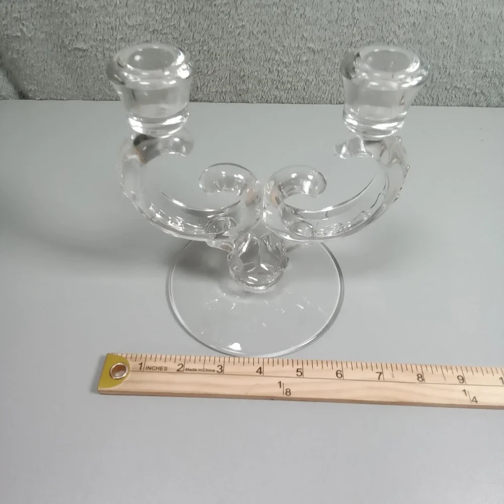 Vintage Clear Glass‎ Double Arm Candelabra Heart Scroll 2-Light Taper Holder 6